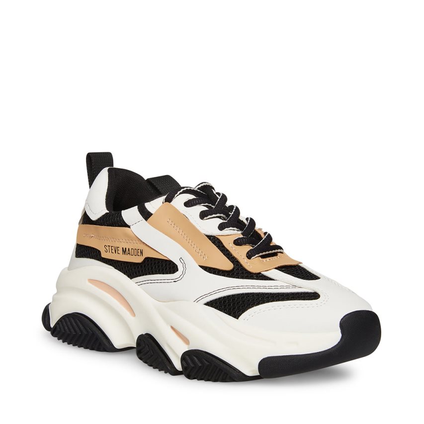 Black / White / Beige Steve Madden Possession Women's Sneakers | PH 1652BVZ